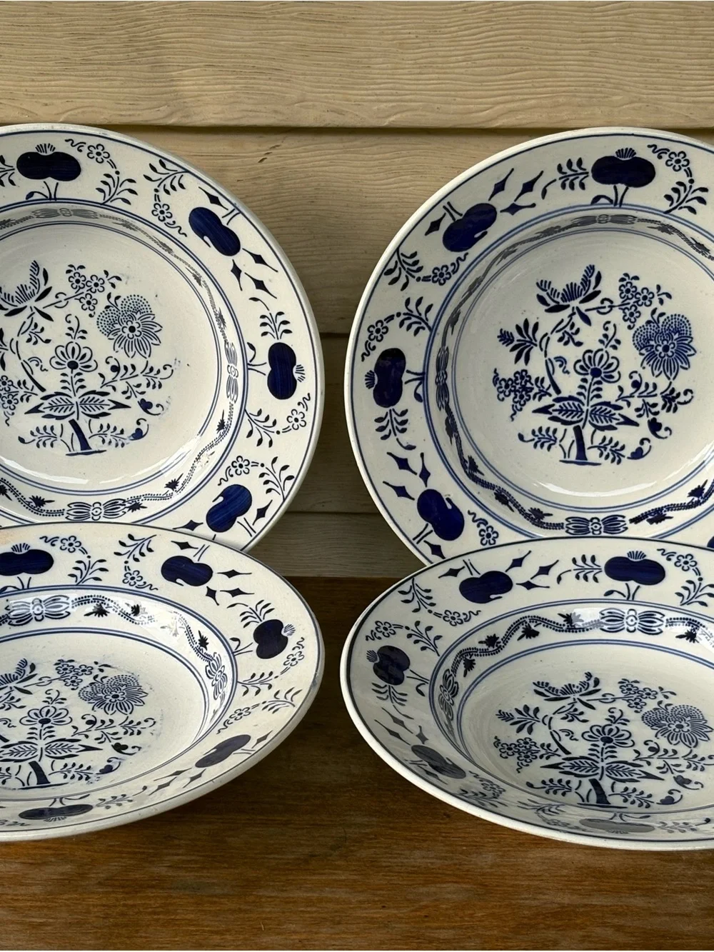 Set of 4 VTG German porcelain rim soup plates in the iconic Blue Onion pattern